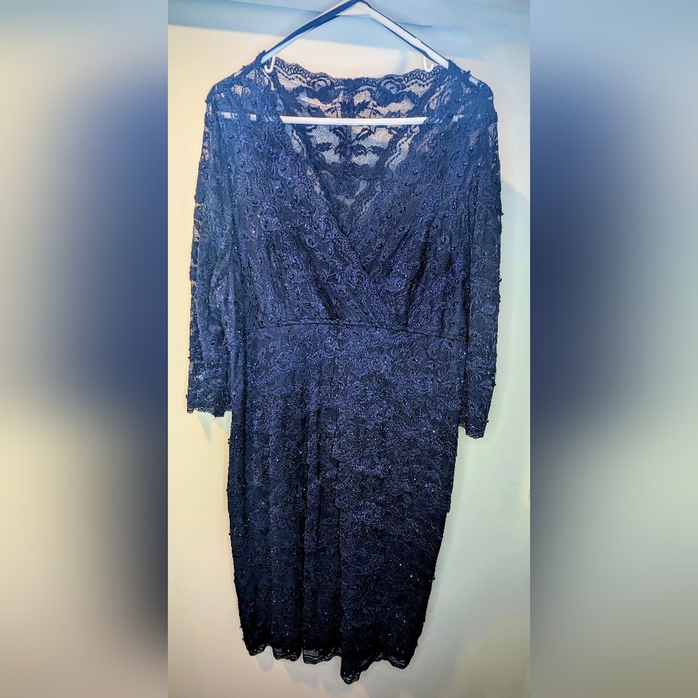 Marina Navy Blue Lace V-Neck Dress with Beading